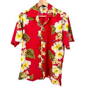 Alvish Red Yellow White Tropical Floral Hawaiian Short Sleeve Shirt